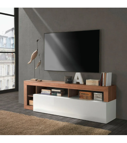 Meuble TV HAMBURG – Blanc laqué brillant / Bois Mercure